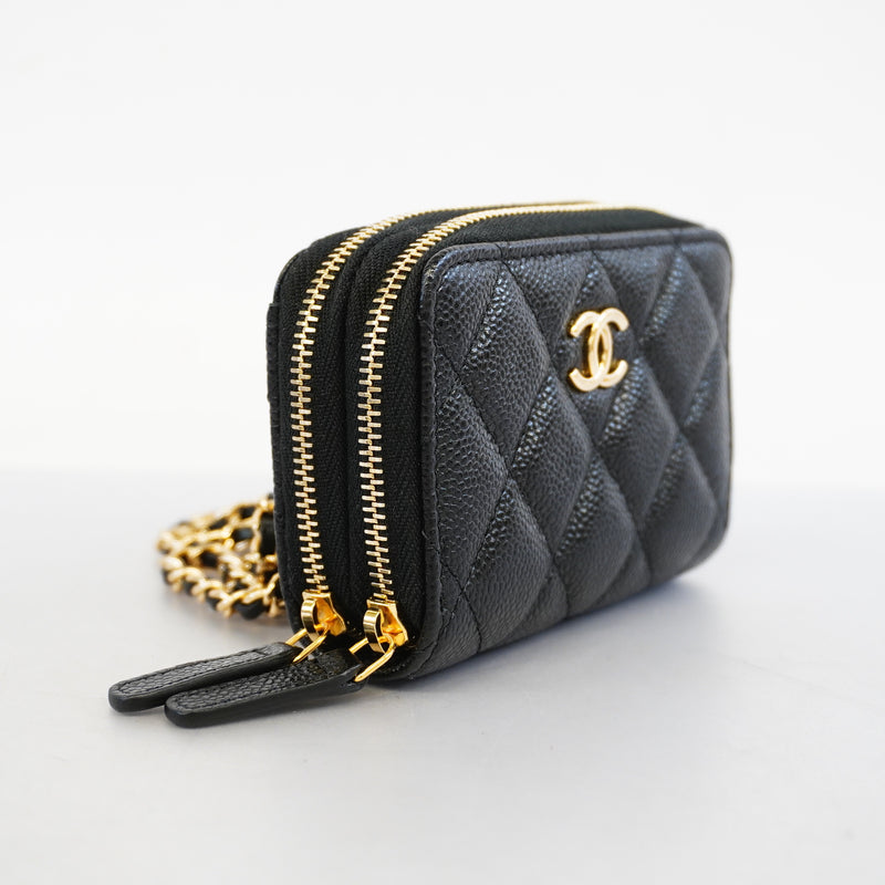 Auth Chanel Chain Wallet Matrasse Caviar Skin Black Gold Metal