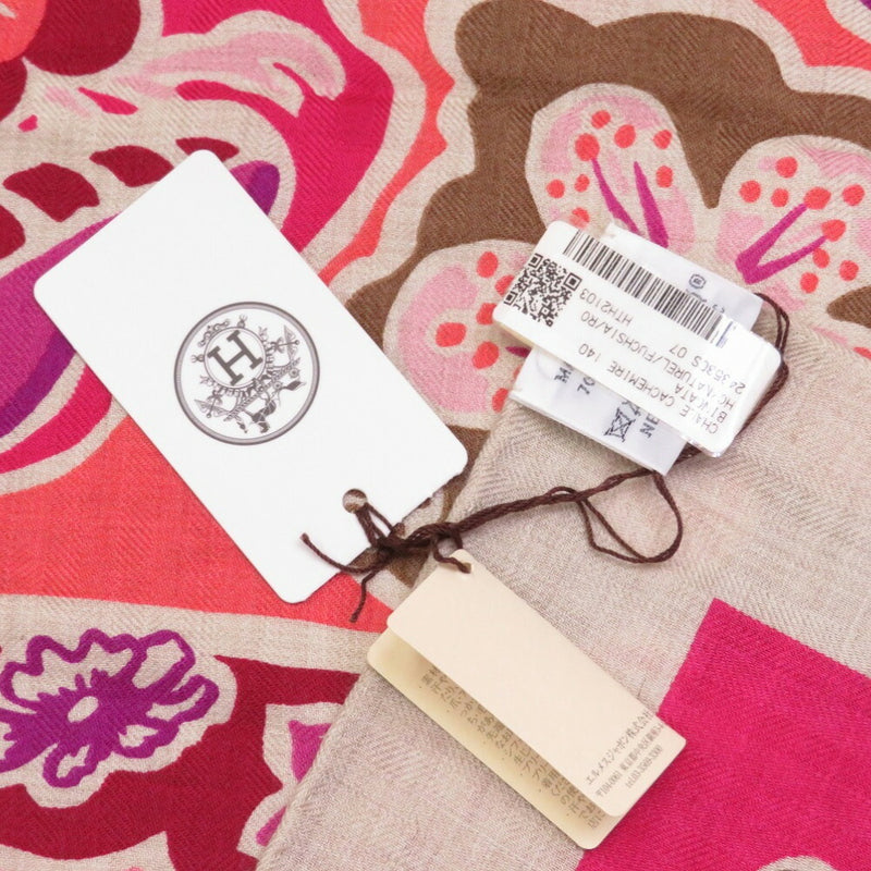 Hermes Calegean 140 Bingata Cashmere Silk Fuchsia Natural Stole Muffler