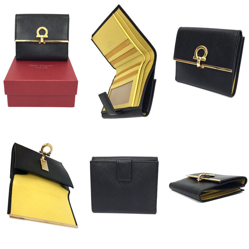 Salvatore Ferragamo Folded Wallet 224639 Gancio Leather Black Ladies