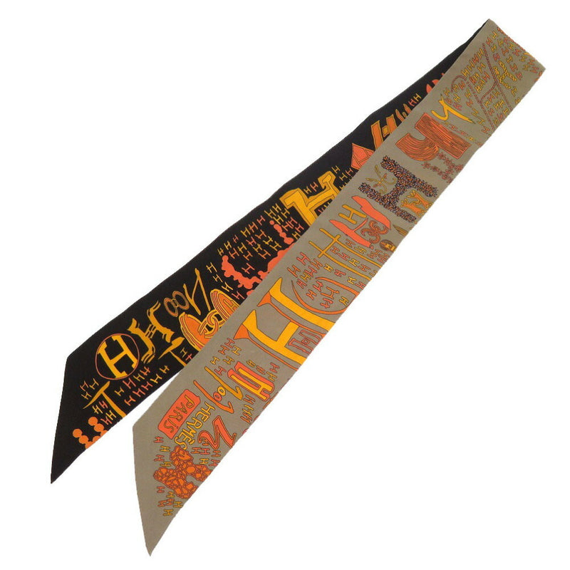 Hermes H Pattern Twilly Silk Black Orange Gray Scarf