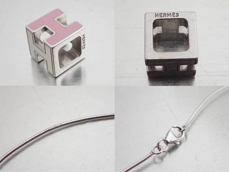 Hermes HERMES Necklace H Cube Cage Dash Silver Light Pink Enamel Pendant Ladies