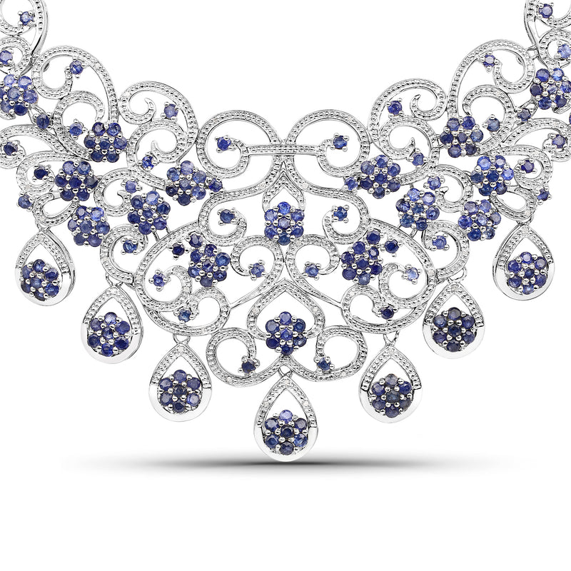 32.28 Carat Genuine Glass Filled Sapphire and White Diamond .925 Sterling Silver Necklace