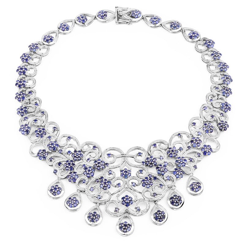 32.28 Carat Genuine Glass Filled Sapphire and White Diamond .925 Sterling Silver Necklace