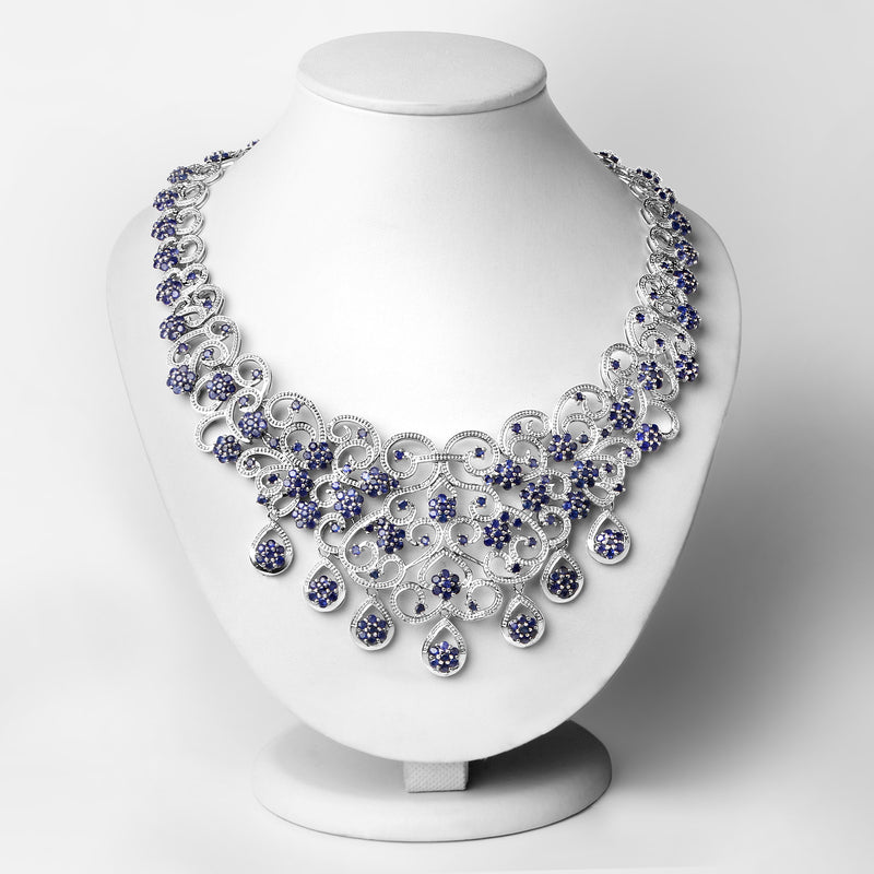 32.28 Carat Genuine Glass Filled Sapphire and White Diamond .925 Sterling Silver Necklace