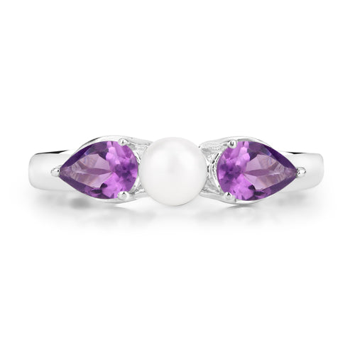 1.34 Carat Genuine Amethyst and Pearl .925 Sterling Silver Ring