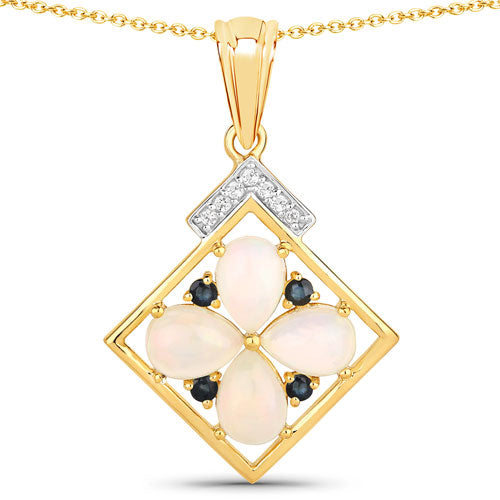 "1.65 Carat Genuine Ethiopian Opal, Blue Sapphire and White Topaz .925 Sterling Silver Pendant
