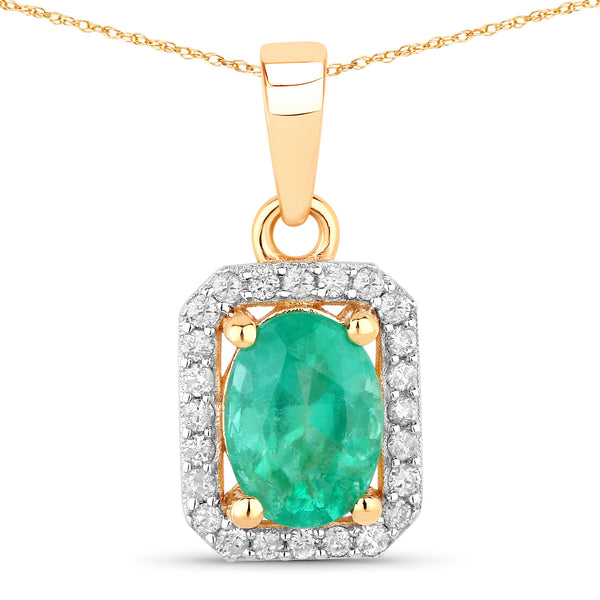 0.83 Carat Genuine Zambian Emerald and White Diamond 10K Yellow Gold Pendant