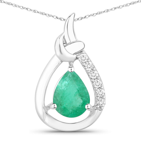 1.18 Carat Genuine Zambian Emerald and White Diamond 10K White Gold Pendant