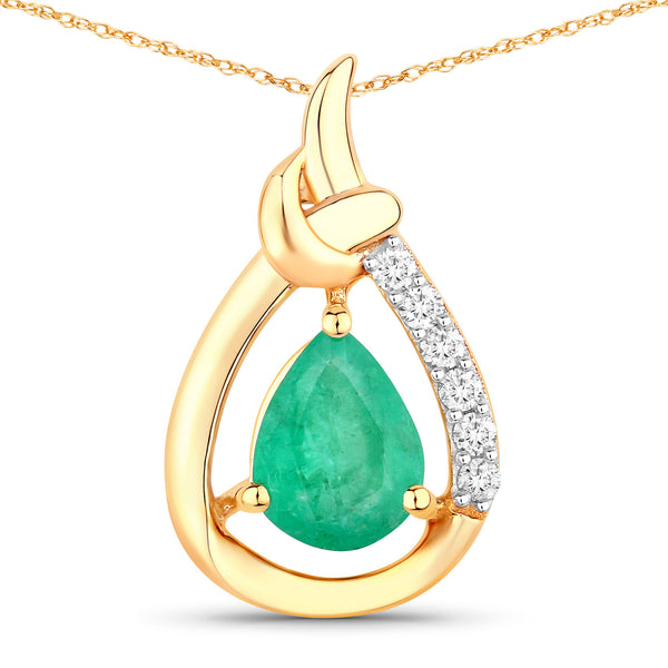 1.18 Carat Genuine Zambian Emerald and White Diamond 10K Yellow Gold Pendant