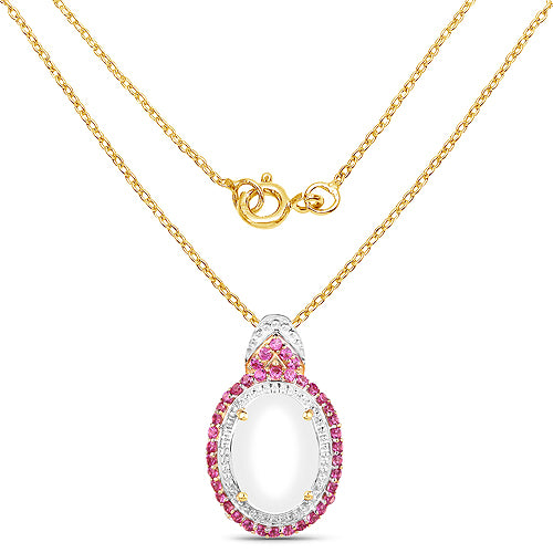 14K Yellow Gold Plated 4.57 Carat Opal and Created Ruby .925 Sterling Silver Pendant