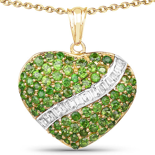 14K Yellow Gold Plated 4.51 Carat Genuine Chrome Diopside and White Topaz .925 Sterling Silver Pendant