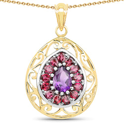 14K Yellow Gold Plated 3.95 Carat Genuine Amethyst & Rhodolite .925 Sterling Silver Pendant