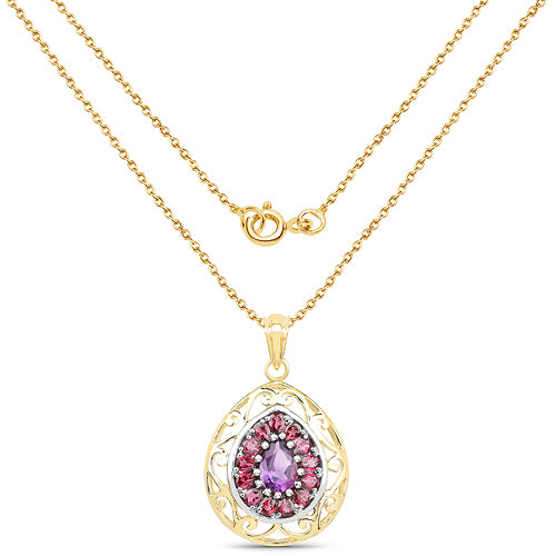 14K Yellow Gold Plated 3.95 Carat Genuine Amethyst & Rhodolite .925 Sterling Silver Pendant