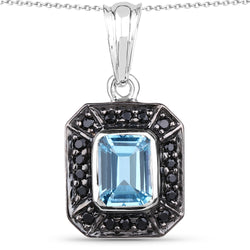2.37 Carat Genuine Swiss Blue Topaz and Black Spinel .925 Sterling Silver Pendant