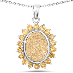 7.70 Carat Genuine Golden Drusy and Citrine .925 Sterling Silver Pendant