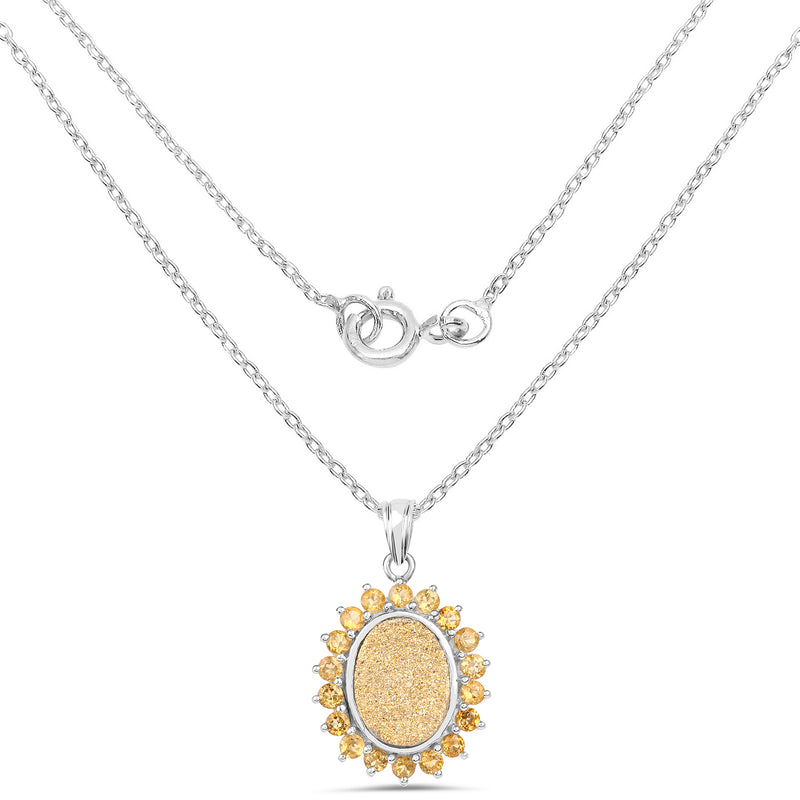 7.70 Carat Genuine Golden Drusy and Citrine .925 Sterling Silver Pendant