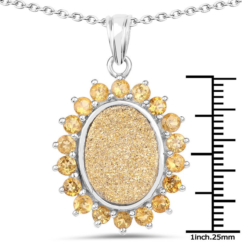 7.70 Carat Genuine Golden Drusy and Citrine .925 Sterling Silver Pendant