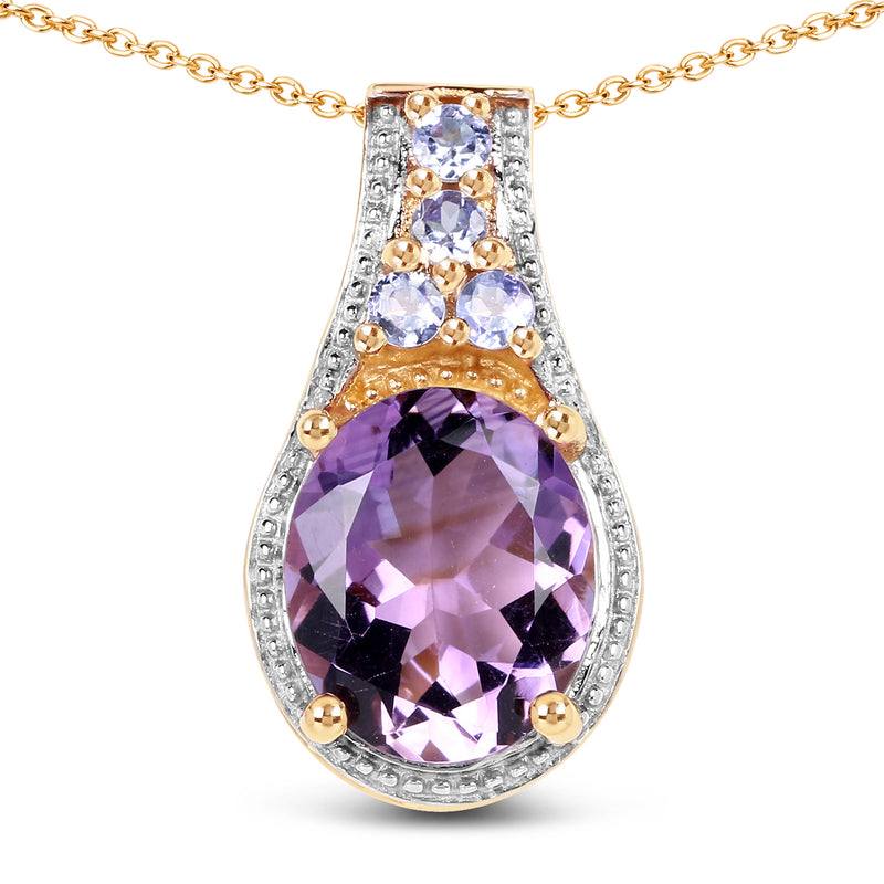 14K Yellow Gold Plated 4.11 Carat Genuine Amethyst & Tanzanite .925 Sterling Silver Pendant