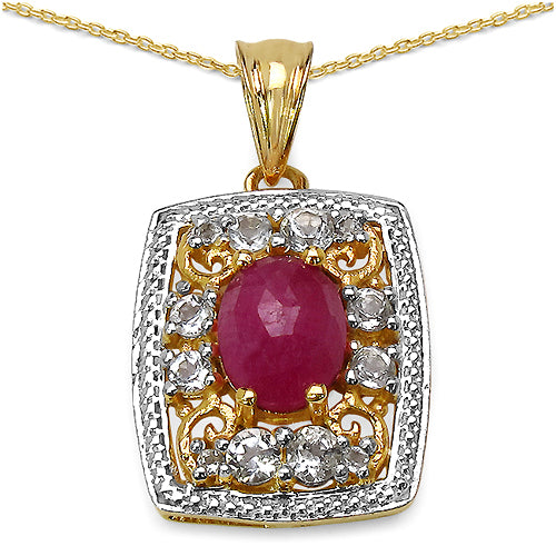 14K Yellow Gold Plated 3.68 Carat Genuine Pink Sapphire & White Topaz .925 Sterling Silver Pendant