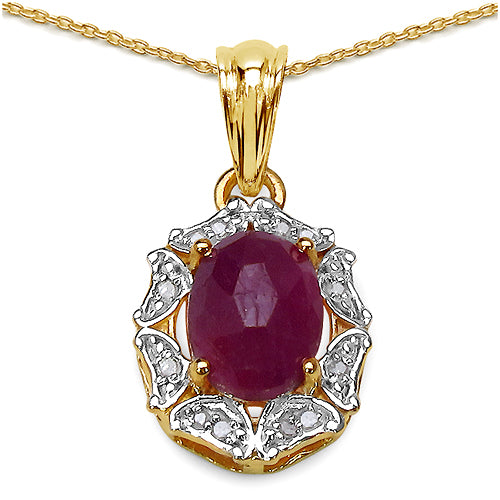 14K Yellow Gold Plated 2.87 Carat Genuine Pink Sapphire & White Diamond .925 Sterling Silver Pendant