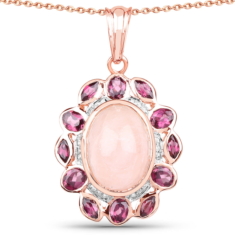 14K Rose Gold Plated 9.54 Carat Genuine Morganite, Rhodolite & White Topaz .925 Sterling Silver Pendant