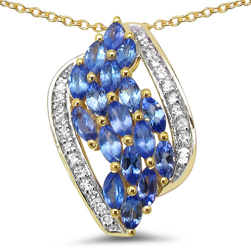 14K Yellow Gold Plated 1.41 Carat Genuine Tanzanite & White Topaz .925 Sterling Silver Pendant