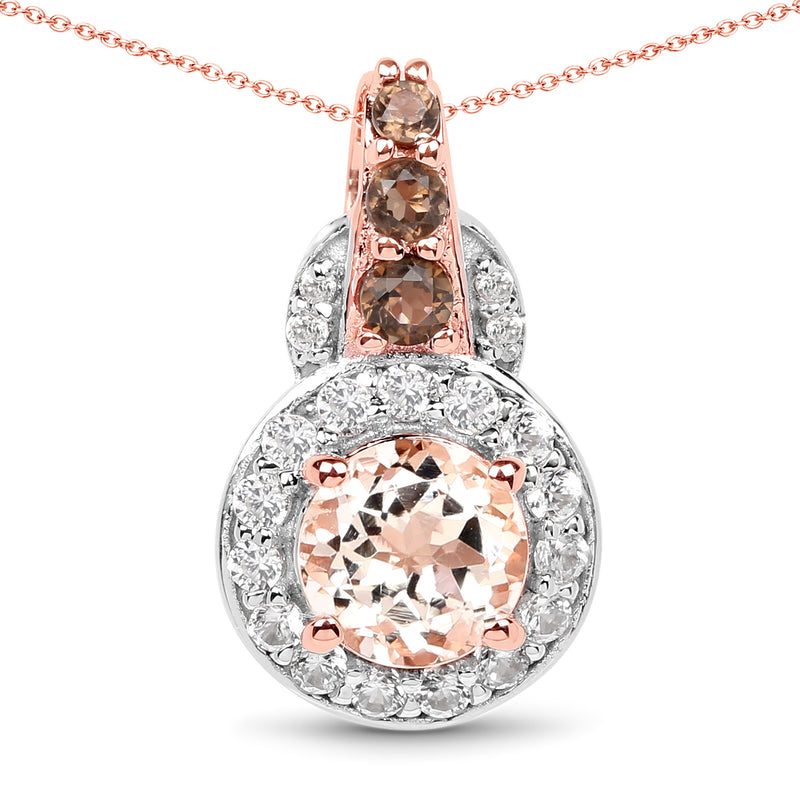 18K Rose Gold Plated 1.34 Carat Genuine Morganite, Smoky Quartz and White Zircon .925 Sterling Silver Pendant