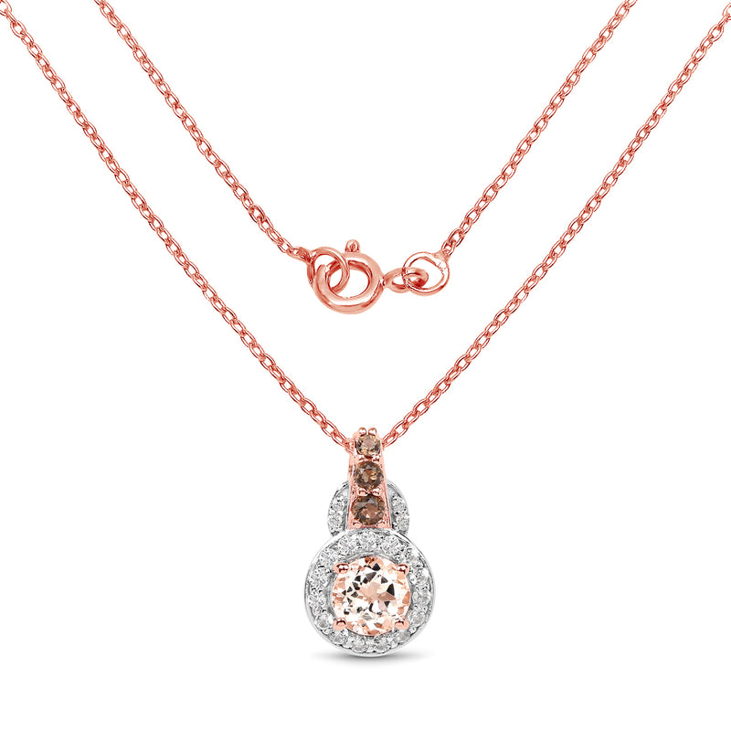 18K Rose Gold Plated 1.34 Carat Genuine Morganite, Smoky Quartz and White Zircon .925 Sterling Silver Pendant