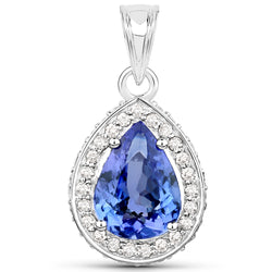 14K White Gold 2.61 Carat Genuine Tanzanite and White Diamond Pendant