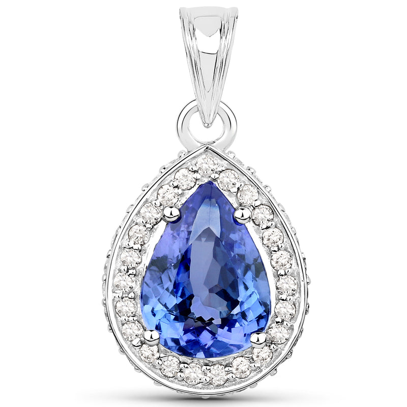 14K White Gold 2.61 Carat Genuine Tanzanite and White Diamond Pendant