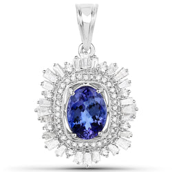 14K White Gold 3.96 Carat Genuine Tanzanite and White Diamond Pendant