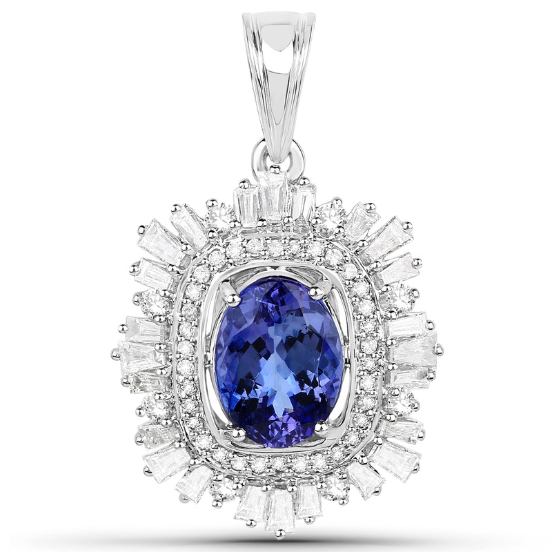 14K White Gold 3.96 Carat Genuine Tanzanite and White Diamond Pendant