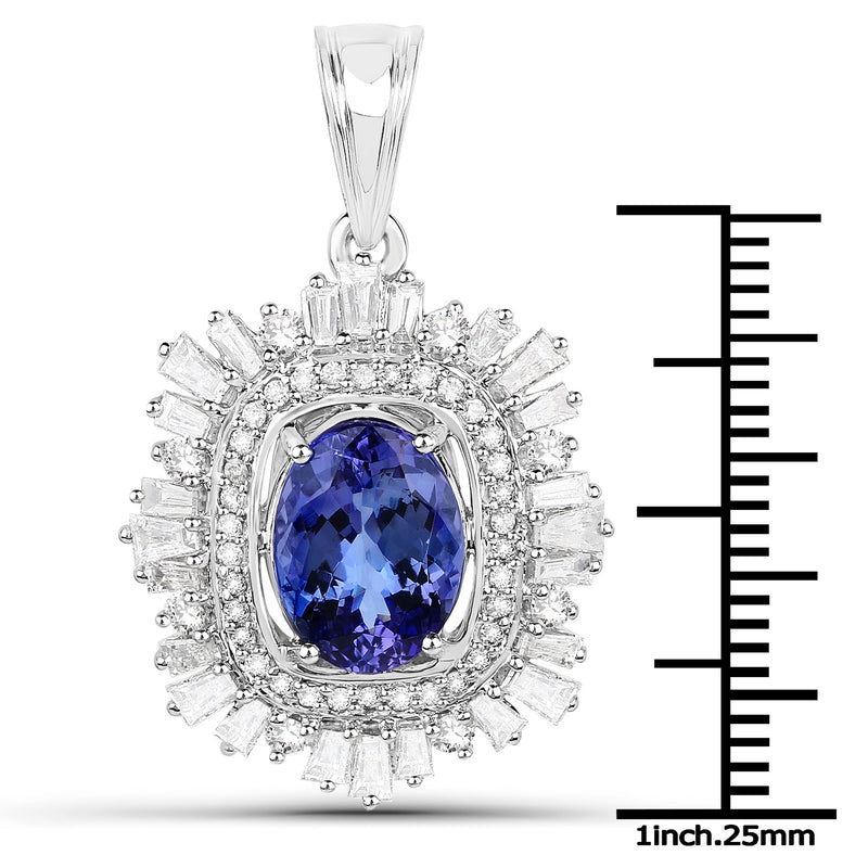 14K White Gold 3.96 Carat Genuine Tanzanite and White Diamond Pendant