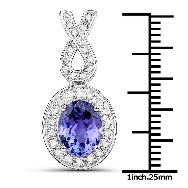 14K White Gold 2.44 Carat Genuine Tanzanite and White Diamond Pendant