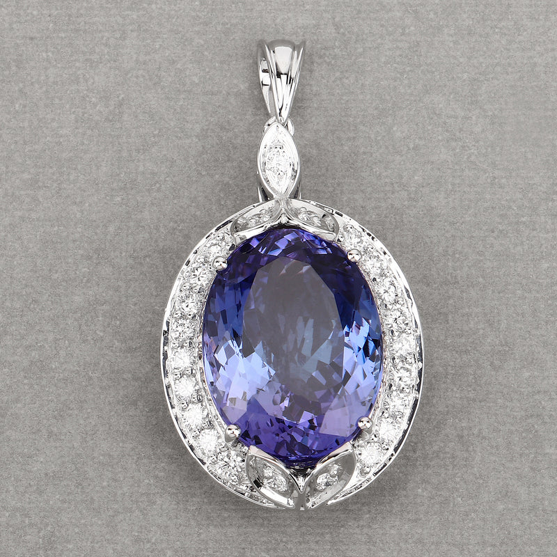 30.69 Carat Genuine Tanzanite and White Diamond 18K White Gold Pendant