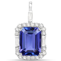 9.02 Carat Genuine Tanzanite and White Diamond 18K White Gold Pendant