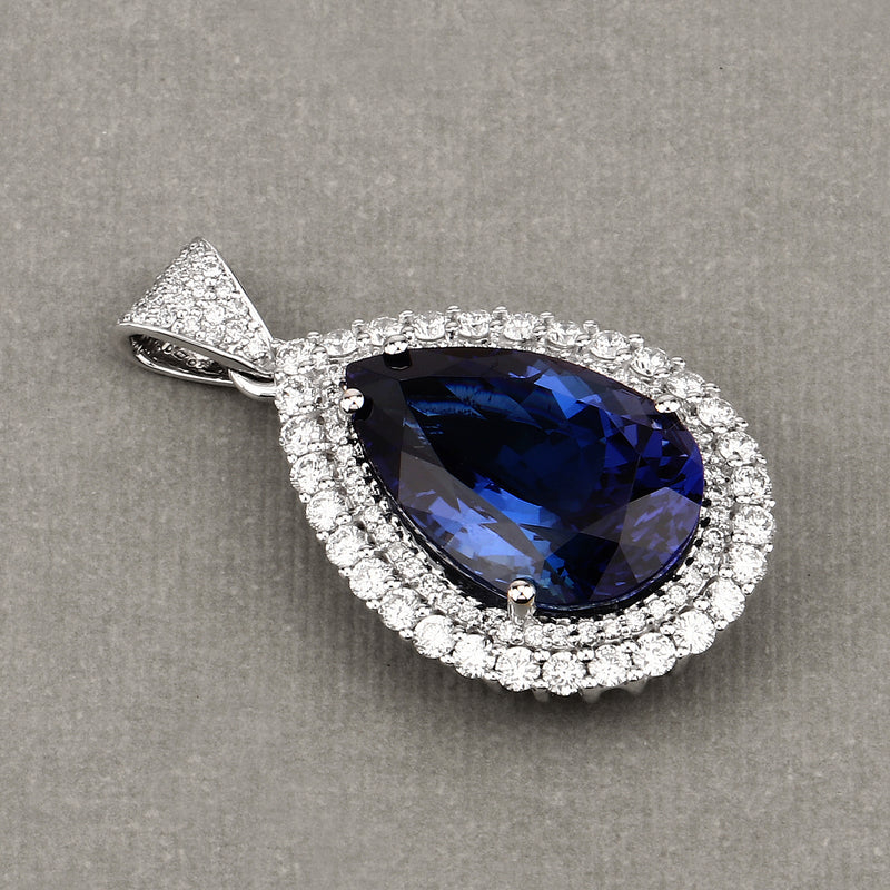 15.15 Carat Genuine Tanzanite and White Diamond 18K White Gold Pendant