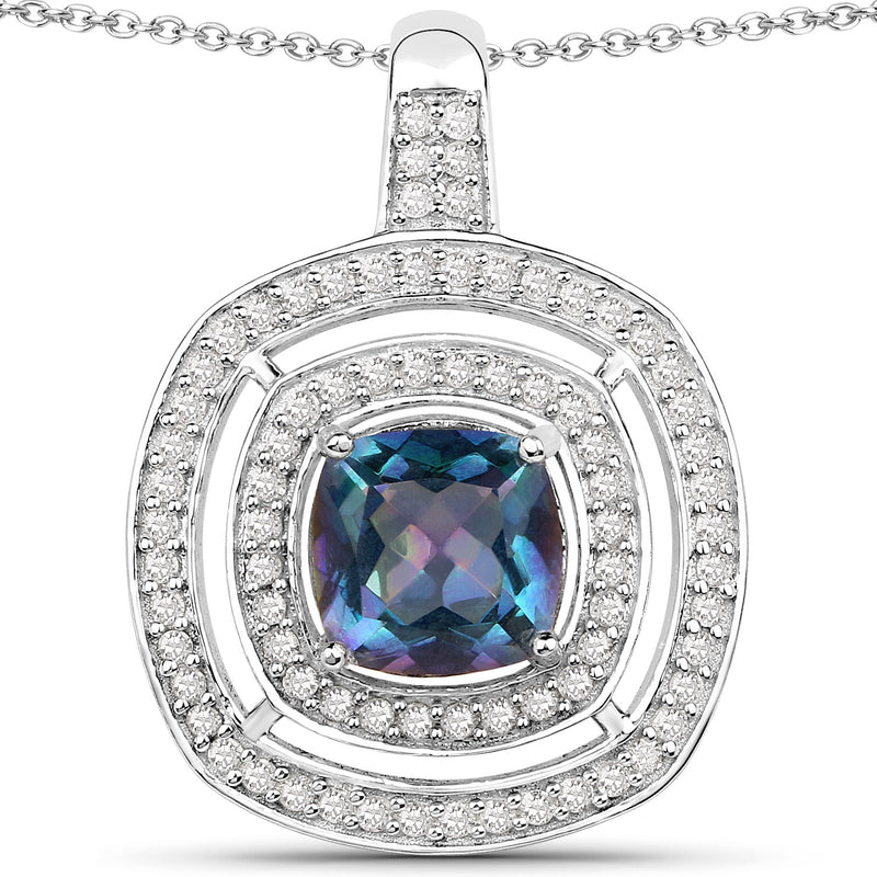 2.62 Carat Genuine Blue Rainbow Quartz and White Diamond .925 Sterling Silver Pendant