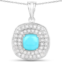 3.15 Carat Genuine Turquoise and White Diamond .925 Sterling Silver Pendant