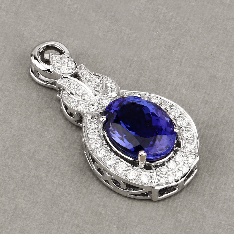 9.60 Carat Genuine Tanzanite and White Diamond 18K White Gold Pendant