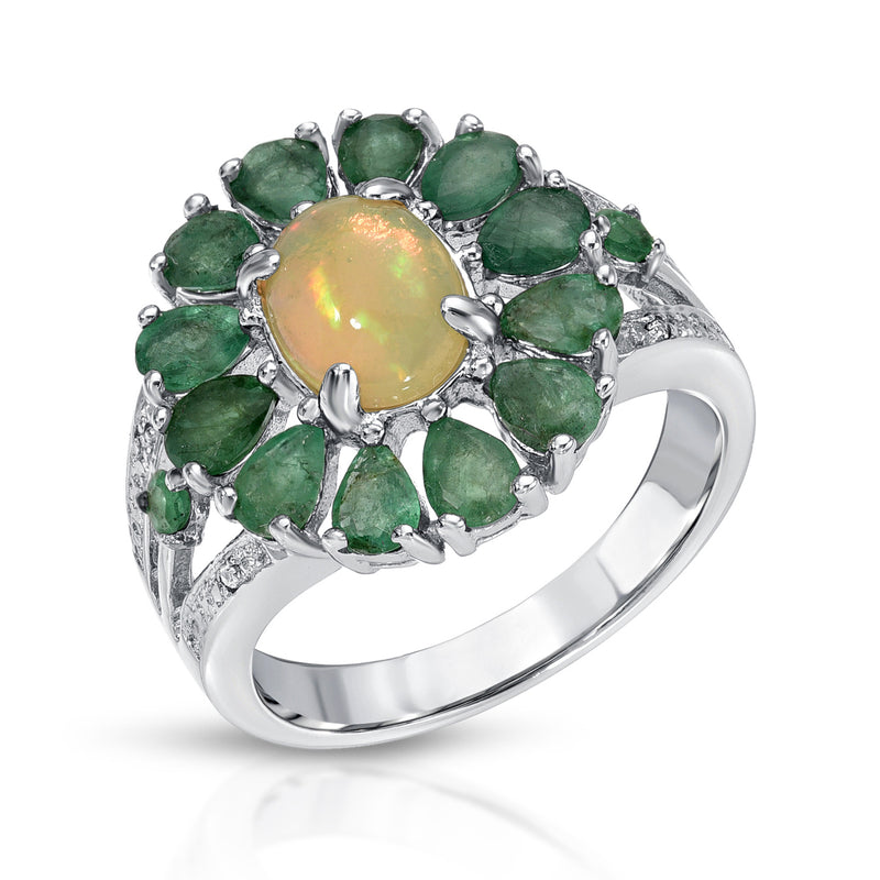 2.52 Carat Genuine Ethiopian Opal, Emerald and White Diamond .925 Sterling Silver Ring