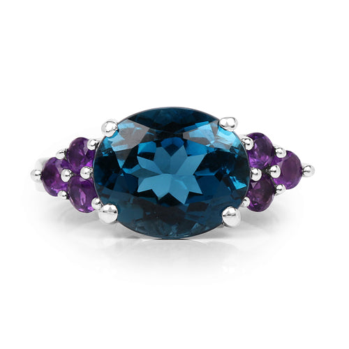 6.60 Carat Genuine London Blue Topaz & Amethyst .925 Sterling Silver Ring
