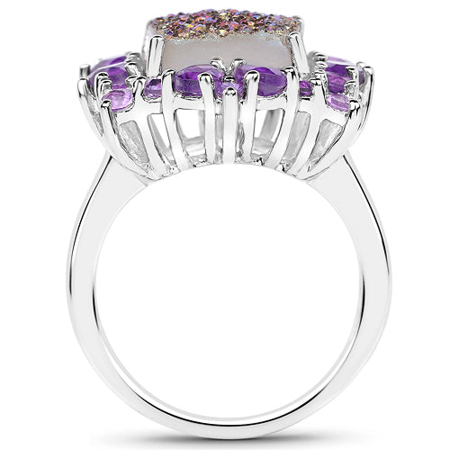 5.97 Carat Genuine Drusy Quartz and Amethyst .925 Sterling Silver Ring