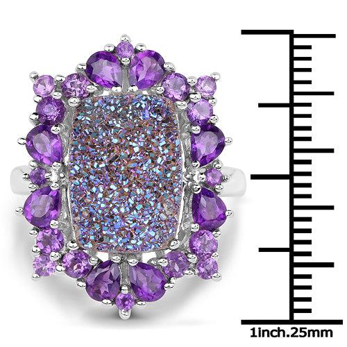 5.97 Carat Genuine Drusy Quartz and Amethyst .925 Sterling Silver Ring