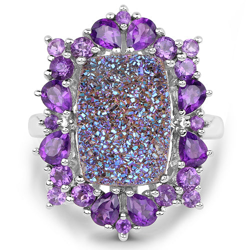 5.97 Carat Genuine Drusy Quartz and Amethyst .925 Sterling Silver Ring