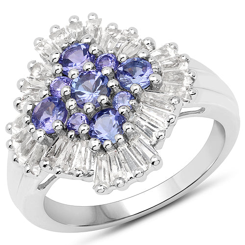 2.55 Carat Genuine Tanzanite and White Topaz .925 Sterling Silver Ring