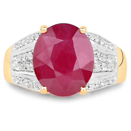 14K Yellow Gold Plated 5.49 Carat Glass Filled Ruby and White Topaz .925 Sterling Silver Ring
