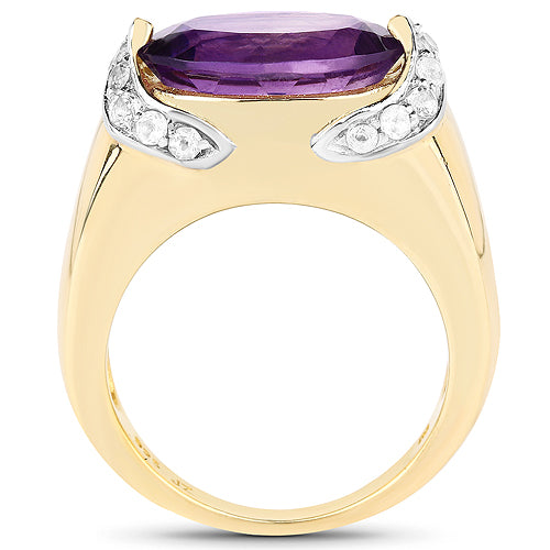 14K Yellow Gold Plated 4.98 Carat Genuine Amethyst and White Topaz .925 Sterling Silver Ring