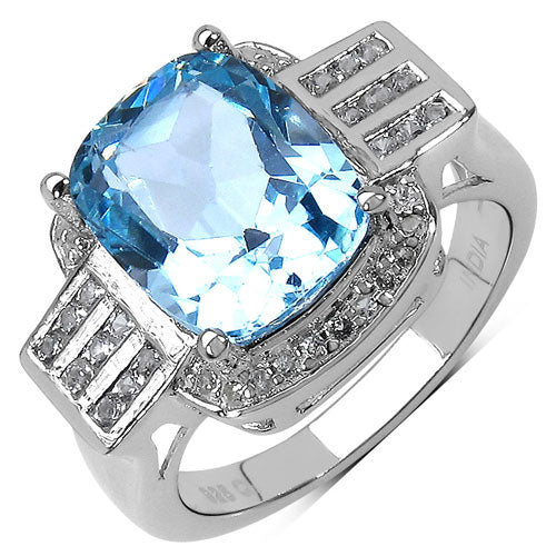 4.48 Carat Genuine Blue Topaz and White Topaz .925 Sterling Silver Ring