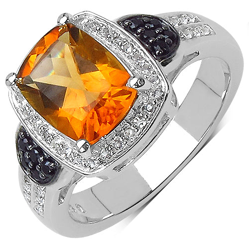 1.95 Carat Genuine Citrine, Black Spinel & White Topaz .925 Sterling Silver Ring